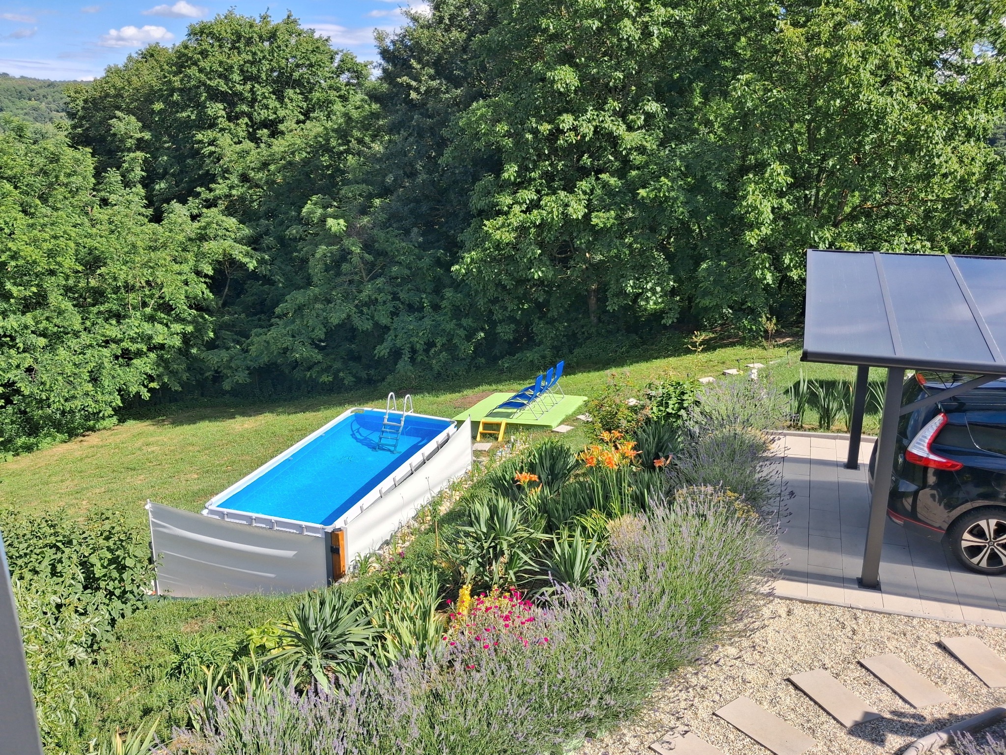 Pool im Garten mit Liegen und Naturblick
